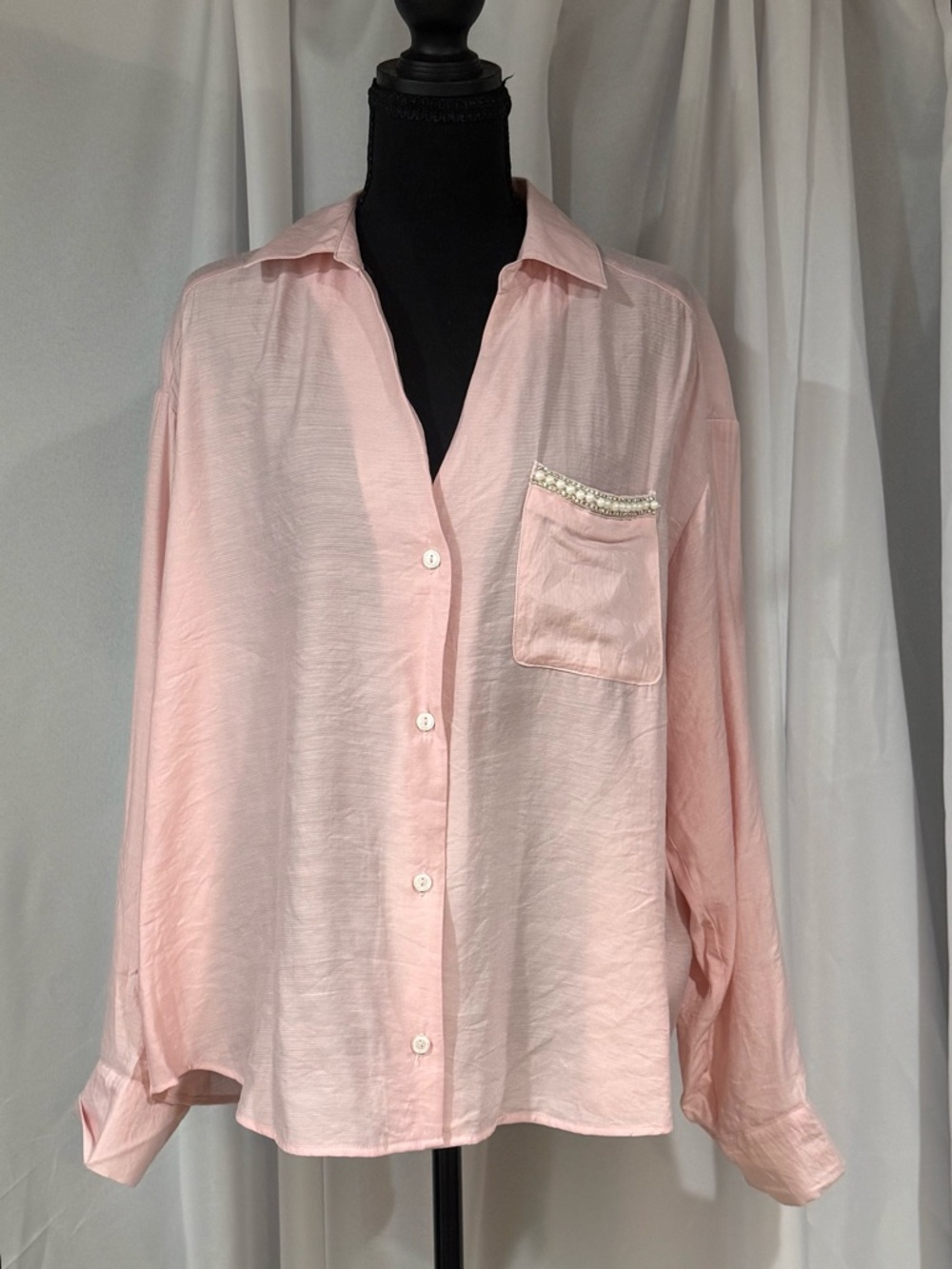 Lily Star Pastel Pink Button-Down Blouse with Beaded Pocket